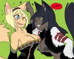  anthro armwear big_breasts black_friday_(crybringer) black_hair blonde_hair blue_eyes breasts canine cleavage clothed clothing commentary crybringer dark_areola dark_nipples detached_sleeves duo ear_pull fangs female fox friday_(crybringer) green_eyes grey_skin hair hairband long_hair mammal one_eye_closed wink 