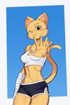  2017 5_fingers anthro bandage breasts claws cleavage clothed clothing digital_media_(artwork) feline female fur gym_shirts hi_res katia_managan khajiit looking_at_viewer mammal midriff navel olddelhi54 one_eye_closed pose prequel scar shirt simple_background smile solo standing tank_top the_elder_scrolls video_games whiskers wink yellow_fur 