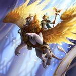  armor avian blonde_hair blood_elf claws clothing elf feathers female gryphon hair humanoid mount priest riding robe sandara staff video_games warcraft white_feathers yellow_feathers 