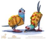  2017 avian bird blue_feathers cheese cryptid-creations duo english_text feathers feral food fruit humor pigeon pun red_eyes simple_background taco text tomato white_background wings 