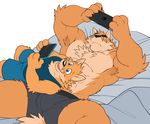  2017 3ds abs anthro biceps big_muscles blue_eyes boxers_(clothing) canine chest_tuft clothed clothing dog duo fur hi_res male mammal muscular muscular_male nintendo nintendo_switch nintendo_switch_console otake pecs shirt simple_background takemoto takemoto_arashi tan_fur tank_top topless tuft underwear video_games 