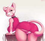  2017 anthro anus bent_over big_breasts big_butt blue_eyes breasts butt cat claws clothing collar don_ko dotted_background dress feline female fur inner_ear_fluff looking_back mammal multicolored_fur one_eye_closed pattern_background pink_fur pink_nose presenting presenting_hindquarters pussy shima_luan simple_background smile solo super_planet_dolan thick_thighs tongue tongue_out translucent transparent_clothing white_fur wide_hips 