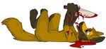  2017 anthro blood brown_fur canine celtik fur knife komarzyca lying male mammal multicolored_eyes on_back orange_fur pawpads pink_pawpads rainbow_eyes side_view simple_background solo tongue tongue_out white_background wounded yellow_fur 