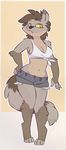  2017 anthro barefoot biped black_nose blue_bottomwear breasts brown_body brown_fur brown_hair ciderward cleavage clothed clothing crop_top cute_fangs digital_media_(artwork) digitigrade female front_view full-length_portrait fully_clothed fur grey_body grey_fur hair jesse_(ciderward) looking_aside looking_away mammal midriff multicolored_body multicolored_fur navel no_pupils orange_eyes outline portrait procyonid raccoon ringed_tail shirt shorts simple_background skimpy solo standing tan_body tan_fur white_topwear yellow_sclera 