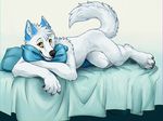  anthro blackchaos666 blue_fur canine fangs fur lying male mammal nude orange_eyes raised_tail skoll_wolf solo watermark white_fur wolf 