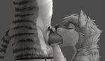  2017 anthro canine digital_media_(artwork) dog duo eyes_closed feline fellatio fur greyscale male male/male mammal monochrome mutt_(character) nude oral penis sex striped_fur stripes tiger wagnermutt yekkusu 