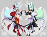 animal_ears black_legwear blue_eyes blue_hair blush breasts cleavage closed_mouth eyebrows_visible_through_hair fox_ears fox_shadow_puppet fox_tail green_eyes green_hair high_heels highres holding holding_sword holding_weapon large_breasts long_hair looking_at_viewer multiple_girls navel original parted_lips sakura_chiyo_(konachi000) smile sword tail thighhighs weapon 