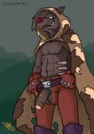  2017 4_fingers abs anthro balls belt biped brown_fur camo cape clothed clothing fur gloves grin hair hi_res hood humanoid_penis invalid_tag looking_at_viewer male mammal marsupial nipples pecs penis pointing_at_penis pubes ridge_the_tasmanian_tiger s-o-husky_(artist) simple_background smile solo standing stripes teeth thylacine ty_(character) ty_the_tasmanian_tiger video_games 