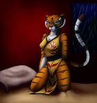  astraldog bed bedding clothed clothing dreamworks feline female fur kung_fu_panda looking_at_viewer mammal master_tigress orange_fur solo stripes tiger 