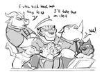  2016 anthro benjamin_clawhauser bovine buffalo canine cheetah chief_bogo clothing comic dialogue disney dravening english_text feline fur greyscale group hand_on_head male mammal monochrome officer_fangmeyer officer_mchorn police police_uniform shush simple_background sketch text tiger uniform white_background wolf wolford zootopia 