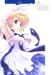  absurdres armpits bangs blonde_hair choker dress earrings elbow_gloves eyebrows_visible_through_hair fullani gloves highres jewelry mitsumi_misato official_art open_mouth princess_(fullani) purple_eyes scan short_hair simple_background solo strapless strapless_dress tiara white_gloves 