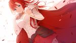  artist_name bangs blue_eyes blush boudica_(fate/grand_order) breasts cape cleavage cleavage_cutout closed_mouth cowboy_shot dutch_angle fate/grand_order fate_(series) floating_hair fur_trim leather long_hair long_sleeves looking_at_viewer medium_breasts motion_blur petals pixiv_id red_cape red_hair red_skirt rimuu simple_background skirt smile solo standing tareme watermark web_address white_background wind 