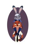  2016 absurd_res anthro carrying clothed clothing dipstick_ears disney duo ears_down fully_clothed fur gloves_(marking) green_eyes grey_body grey_fur hi_res itty_bitties judy_hopps lagomorph leporid mammal markings multicolored_ears necktie nick_wilde on_shoulders orange_body orange_fur pink_nose pivoted_ears purple_background purple_eyes rabbit shirt simple_background smile toeless_legwear topwear white_background zootopia 