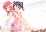  2girls 6u_(eternal_land) black_hair blush boots dress love_live!_school_idol_project nishikino_maki petals purple_eyes red_hair ribbons scan short_hair twintails wink wristwear yazawa_nico 