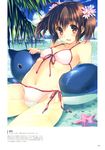  absurdres bangs bare_shoulders bikini blue_sky blush breasts brown_hair cloud collarbone day eyebrows_visible_through_hair flower front-tie_bikini front-tie_top hair_flower hair_ornament highres mitsumi_misato navel ocean official_art open_mouth outdoors partially_submerged red_eyes scan short_hair short_twintails side-tie_bikini sitting sky small_breasts solo starfish swimsuit to_heart_2 twintails water yuzuhara_konomi 