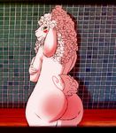  2017 animated anthro big_butt blush butt caprine digital_media_(artwork) female fur goat green_eyes heathecliff heathecliff_(heathecliff) horn mammal niyassur red_fur sheep solo standing tattoo white_fur 
