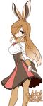  2017 :3 animal_humanoid breasts brown_eyes brown_hair clothed clothing european_hare_(kemono_friends) female fur_collar hair hair_over_eye hare humanoid kemono_friends lagomorph legwear long_hair mammal rabbit_humanoid shirt signature skirt solo tights yoshida_hideyuki 