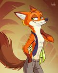  2017 anthro artbirchly_(artist) canine clothed clothing digital_media_(artwork) dipstick_ears disney fox fur green_eyes looking_at_viewer male mammal nick_wilde orange_fur simple_background smile solo topless zootopia 