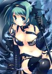  absurdres armor bangs black_legwear blue_eyes breasts collarbone eyebrows_visible_through_hair gauntlets green_eyes hairband highres holding holding_weapon looking_at_viewer medium_breasts mitsumi_misato navel official_art polearm scan short_hair sitting smile solo thighhighs to_heart_2 to_heart_2_dungeon_travelers weapon yoshioka_chie 
