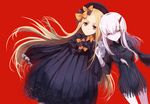  abigail_williams_(fate/grand_order) albino bangs black_bow black_dress black_hat blonde_hair blue_eyes bow bug butterfly closed_eyes closed_mouth commentary_request dress facing_viewer fate/grand_order fate_(series) hair_bow hat highres horn insect kinona lavinia_whateley_(fate/grand_order) long_hair long_sleeves looking_at_viewer multiple_girls orange_bow parted_bangs parted_lips polka_dot polka_dot_bow red_background sidelocks simple_background sleeves_past_wrists very_long_hair white_hair white_skin 