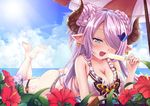  animal aqua_eyes ass barefoot beach bikini bird blush braids breasts butterfly cleavage clouds flowers granblue_fantasy guhua67 horns ice_cream long_hair narumeia_(granblue_fantasy) pointed_ears purple_hair sky swimsuit water 