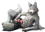  2016 anthro balls black_nose blush canine censor_bar censored clothed clothing cum cum_on_hand cum_on_stomach fur green_eyes grey_fur knot looking_at_viewer lying male mammal on_side partially_clothed penis pink_penis rokh_(artist) simple_background solo topless white_background wolf 