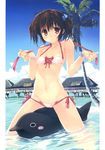  absurdres bangs bare_shoulders bikini blue_sky bracelet breasts brown_hair collarbone day eyebrows_visible_through_hair front-tie_bikini front-tie_top hair_ornament highres jewelry looking_at_viewer mitsumi_misato navel official_art outdoors palm_tree red_eyes scan short_hair short_twintails side-tie_bikini sky small_breasts solo swimsuit to_heart_2 tree twintails wading water yuzuhara_konomi 