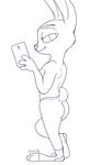  2016 anthro bedroom_eyes black_and_white butt cellphone clothed clothing disney female furgonomics half-closed_eyes holding_object holding_phone judy_hopps lagomorph looking_at_viewer mammal monochrome phone rabbit seductive selfie side_view signature simple_background smile solo standing tail_clothing tggeko topless white_background zootopia 