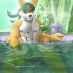  2018 4_fingers abs anthro balls bamboo bamboo_tree bath bathing bathtub biceps biped black_claws black_nose blue_eyes blush brown_fur canine claws clothing cold_water digital_media_(artwork) flaccid foreskin fox fur furrry hair hat hi_res humanoid_penis hynos light lighting looking_at_viewer male mammal multicolored_fur muscular muscular_male nekojishi nipples nude one_eye_closed open_mouth outside pecs penis signature sitting smile solo teeth tree two_tone_fur uncut video_games water wet white_fur wink yellow_fur 