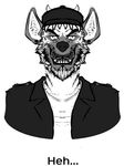  anthro beard clothing ear_piercing facial_hair garek_maxwell grin hat hyena looking_at_viewer male mammal monochrome mustache piercing simple_background smile solo white_background 