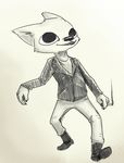  2017 anthro big_eyes boots button_(disambiguation) canine cigarette claws clothed clothing fangs footwear fox fully_clothed gregg_(nitw) jacket leather leather_jacket mammal meme monochrome nails night_in_the_woods nobby_(artist) pants pins sharp_teeth shirt simple_background smoke smoking solo teeth undershirt zipper 
