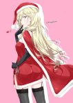  1girl alternate_costume ass black_gloves black_legwear blonde_hair blue_eyes cape elbow_gloves finger_to_mouth garter_straps gloves hand_on_hip hat kantai_collection long_hair mikage_takashi richelieu_(kantai_collection) santa_costume santa_hat smile solo thighhighs twitter_username 