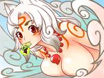  amaterasu breast_press breasts issun jewelry large_breasts looking_at_viewer mouth_hold necklace nude ookami_(game) personification smile tsuutenkaaku white_hair 