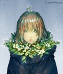  1girl brown_hair closed_mouth coat commentary english_commentary green_eyes highres long_hair looking_at_viewer original plant sketch snowing solo sprout sprout_on_head upper_body watermark web_address wenqing_yan winter 