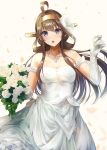  ahoge bare_shoulders blush bouquet breasts brown_hair cleavage diamond double_bun dress elbow_gloves floating_hair flower gloves hair_flower hair_ornament hairband hand_up head_tilt highres holding holding_bouquet jewelry kantai_collection kongou_(kantai_collection) konkito lace lace-trimmed_dress lace-trimmed_gloves large_breasts long_hair looking_at_viewer necklace off-shoulder_dress off_shoulder open_mouth petals purple_eyes remodel_(kantai_collection) solo tareme white_dress white_flower 