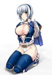  after_sex aqua_eyes areola_slip areolae armor asuru_(armor) bangs belt beltbra blue_legwear blush breast_suppress breasts checkered choker cleavage covered_nipples crop_top cum cum_on_body cum_on_breasts cum_on_clothes cum_on_hair cum_on_lower_body cum_on_upper_body cumdrip earrings elbow_gloves embarrassed facial frown garter_straps gloves greaves groin hairband hoop_earrings jewelry kizuki_aruchu kneeling large_breasts looking_at_viewer midriff monster_hunter navel necklace no_bra no_pants open_clothes open_shirt panties print_panties shadow shirt short_hair simple_background solo strap thighhighs thighs underwear white_hair white_panties wide_hips 