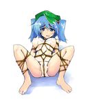  barefoot bdsm blue_eyes blue_hair bondage bound crotch_rope eyebrows feet hair_bobbles hair_ornament hat hemogurobin_a1c highres kawashiro_nitori one-piece_swimsuit rope school_swimsuit see-through shibari short_hair solo spread_legs swimsuit thick_eyebrows touhou twintails two_side_up white_school_swimsuit white_swimsuit 