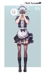  &gt;_&lt; alternate_costume apron black_bow black_collar black_footwear black_gloves black_hairband black_ribbon blush boots bow brown_legwear buttons center_frills character_name collarbone copyright_name covering_face crossdressing dress embarrassed enmaided facing_viewer flying_sweatdrops frilled_dress frills full-face_blush full_body garter_straps gloves green_background hair_ribbon hairband half_gloves highres knee_boots legs_apart maid maid_headdress male_focus nier_(series) nier_automata ribbon shiny shiny_hair short_sleeves silver_hair simple_background solo spoken_blush spoken_face standing thighhighs tight_(ohmygod) waist_apron wavy_mouth white_apron wind wind_lift yorha_no._9_type_s 