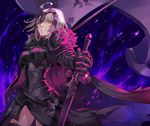  ahoge armor bangs banner cape eyebrows_visible_through_hair fate/grand_order fate_(series) fur_trim grin holding holding_sword holding_weapon jeanne_d'arc_(alter)_(fate) jeanne_d'arc_(fate)_(all) looking_at_viewer pokimari short_hair silver_hair smile solo standing sword underbust weapon yellow_eyes 