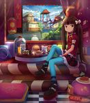  aqua_legwear arm_belt blue_sky book boots bow brown_eyes brown_hair candy cloud drink food french_fries hamburger highres liclac long_hair looking_at_viewer mcdonald's omurice onigiri original pasta pillow platform_footwear pringles sitting skirt sky smile solo spaghetti string_of_flags striped striped_skirt sushi tile_floor tiles twintails white_bow 