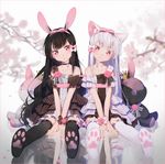  animal_ears between_legs black_choker black_dress black_hair black_legwear bunny_ears bunny_girl cat_ears cat_girl cherry_blossoms choker crown dress hair_ornament hakusai_(tiahszld) hand_between_legs long_hair looking_at_viewer multiple_girls original pink_eyes stuffed_animal stuffed_toy thighhighs white_choker white_dress white_hair white_legwear 