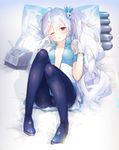  ;o antenna_hair azur_lane bed_sheet bili_girl_33 bili_girl_33_(cosplay) bilibili_douga blue_jacket blush breasts breasts_apart collarbone cosplay full_body gloves hair_between_eyes hair_ornament hairclip hairpin highres jacket knees_up laffey_(azur_lane) long_hair looking_at_viewer lying machinery no_bra on_back one_eye_closed open_clothes open_jacket open_mouth open_shirt pillow red_eyes shiny shiny_hair shirt short_sleeves side_ponytail silver_hair sleepy small_breasts solo turret very_long_hair waking_up white_gloves wiping_face yatsuha_(hachiyoh) 