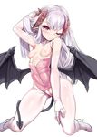  ;) absurdres betoko blush breasts covered_navel demon_wings elbow_gloves gloves harigane_shinshi high_heels highres horns kneeling leotard long_hair looking_at_viewer nipples one_eye_closed original pointy_ears pussy pussy_cutout red_eyes silver_hair simple_background small_breasts smile solo white_background white_gloves white_legwear wings 