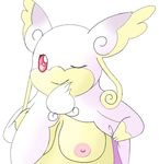  audino breasts cute female flashing fur nintendo one_eye_closed pok&eacute;mon pok&eacute;mon_(species) sheepwithcrystallicfur simple_background slightly_chubby smile solo video_games wink 