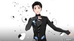  1boy :o artist_name bangs black_hair blush brown_eyes commentary expressionless food gearous gradient gradient_background grey_background hair_slicked_back hand_on_own_chest katsuki_yuuri looking_up male_focus onigiri open_mouth outstretched_arm rice short_hair simple_background standing symbol_commentary twitter_sparkles upper_body white_background yuri!!!_on_ice 