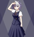  blue_eyes collared_shirt cowboy_shot eyebrows_visible_through_hair gradient_ray grey_hair hand_up kosegawa_shiromi looking_at_viewer ribbon saki shirt short_hair short_sleeves skirt solo 