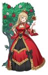  :d alice_in_wonderland bangs black_bow blonde_hair blue_eyes blunt_bangs bow cosplay crown dress flower frilled_dress frills full_body heart highres juliet_sleeves long_hair long_sleeves looking_at_viewer makaria official_art open_mouth pointing princess_(princess_principal) princess_principal princess_principal_game_of_mission puffy_sleeves queen_of_hearts queen_of_hearts_(cosplay) red_dress rose scepter smile solo standing transparent_background tree white_flower white_rose wide_sleeves 