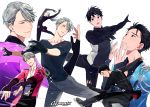  2boys :o artist_name black_eyes black_gloves black_hair blue_eyes brown_eyes commentary english_commentary expressionless fingernails gearous gloves grey_hair hair_slicked_back jewelry katsuki_yuuri leg_up long_hair looking_away looking_down looking_up male_focus multiple_boys open_mouth outstretched_arms ponytail profile ring short_hair simple_background skates sparkle symbol_commentary viktor_nikiforov white_background younger yuri!!!_on_ice 