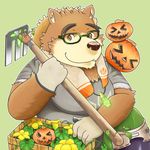  2017 5keys_x86 anthro bear clothed clothing food fruit green_background hat male mammal pumpkin simple_background sitting solo straw_hat tokyo_afterschool_summoners towel volos 五鍵 