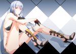  1girl bikini black_bikini black_gloves breasts ebido gloves high_heels highres large_breasts long_hair looking_at_viewer open_toe_shoes red_eyes selvaria_bles senjou_no_valkyria silver_hair sitting solo swimsuit 
